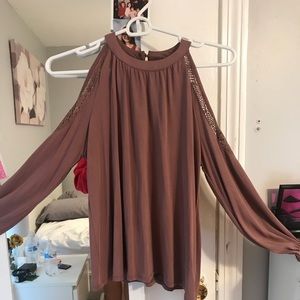 Rose Taupe long sleeve, open shoulder, flowy shirt